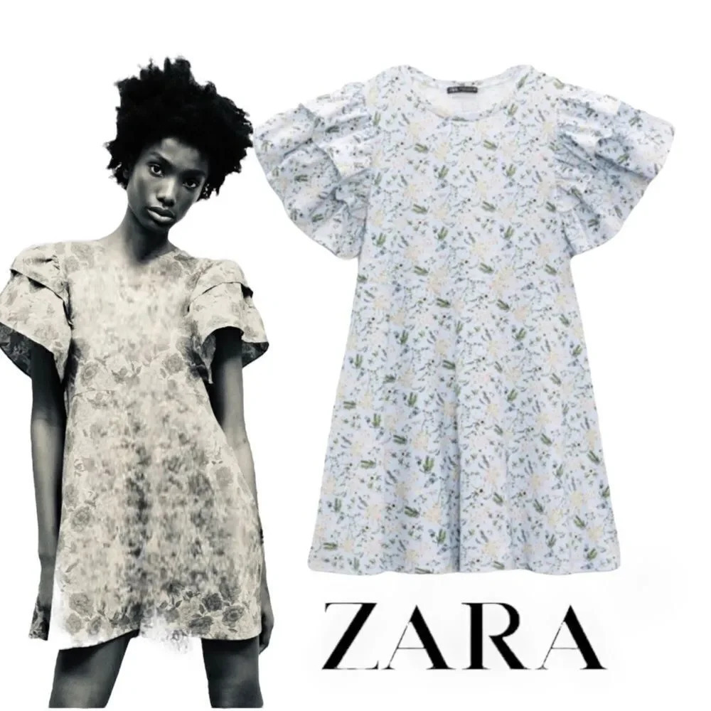ZARA Blue Floral Ruffle Sleeve Mini Dress Size S NWT 0264/565